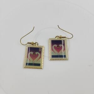 Swan Love 32 Cent Stamp Dangle Earrings Heart Gold Tone Postage Mail USA